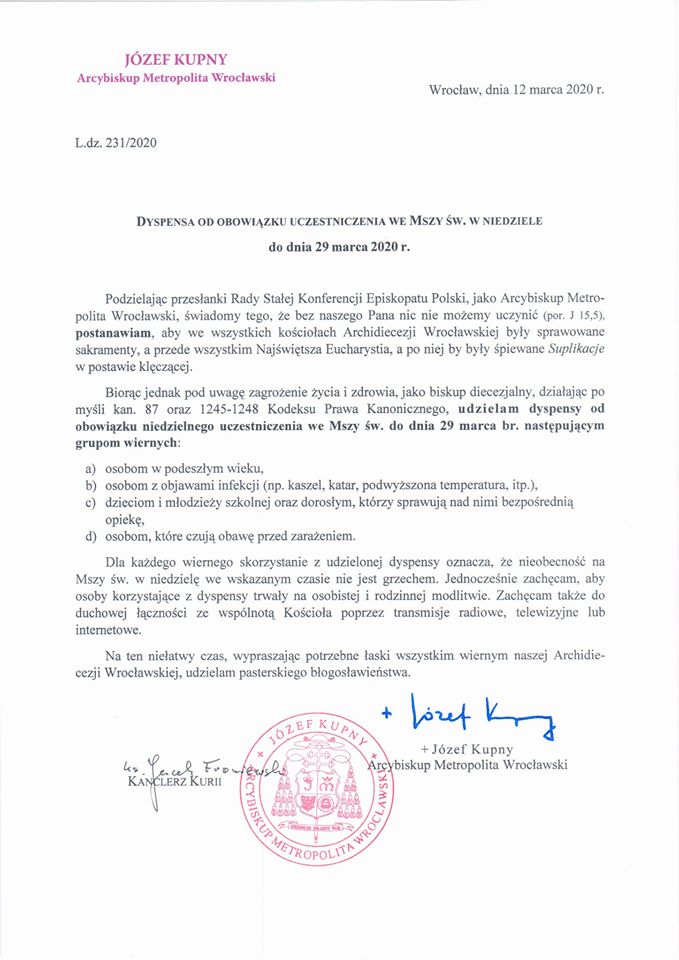Dyspensa od obowiązku uczestnictwa we Mszy św. w niedziele