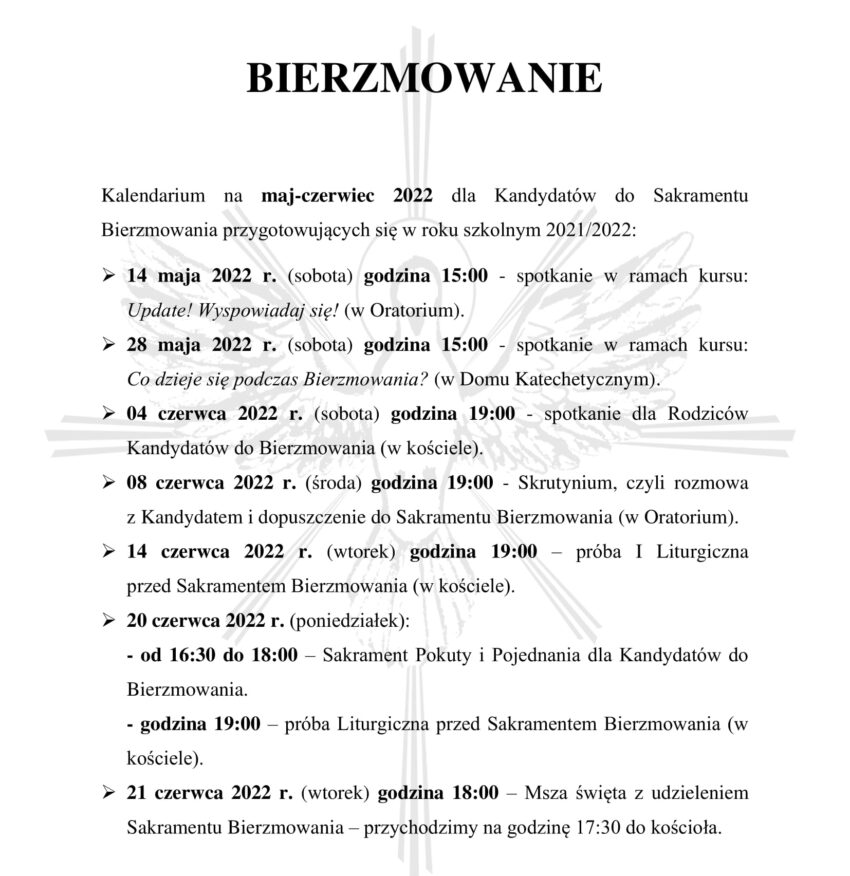 Kalendarium dla Kandydatów do Bierzmowania.