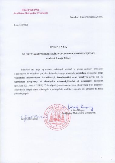 Dyspensa na dzień 1 maja 2026r.